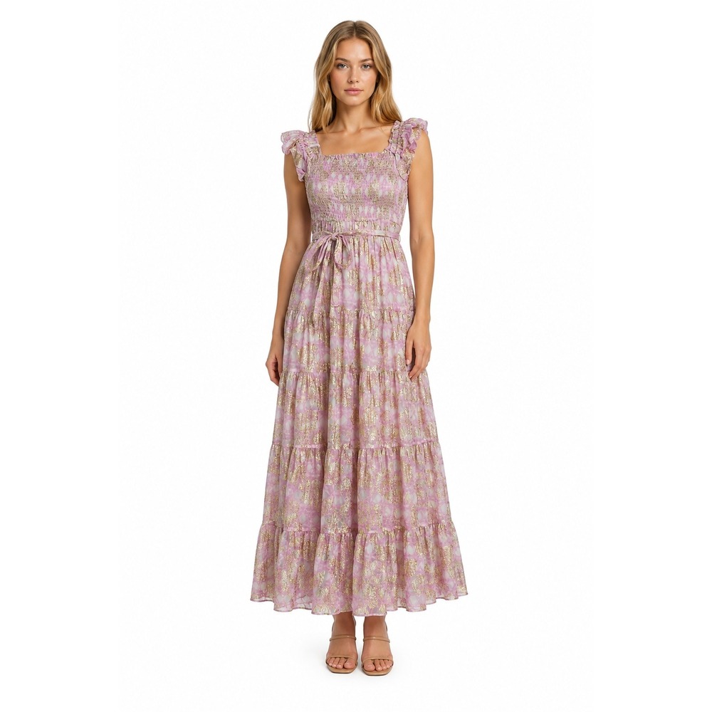A Loves A Maxi Dress Women's‎ Size Medium Pink Gold Lurex Cotton Lined Floral